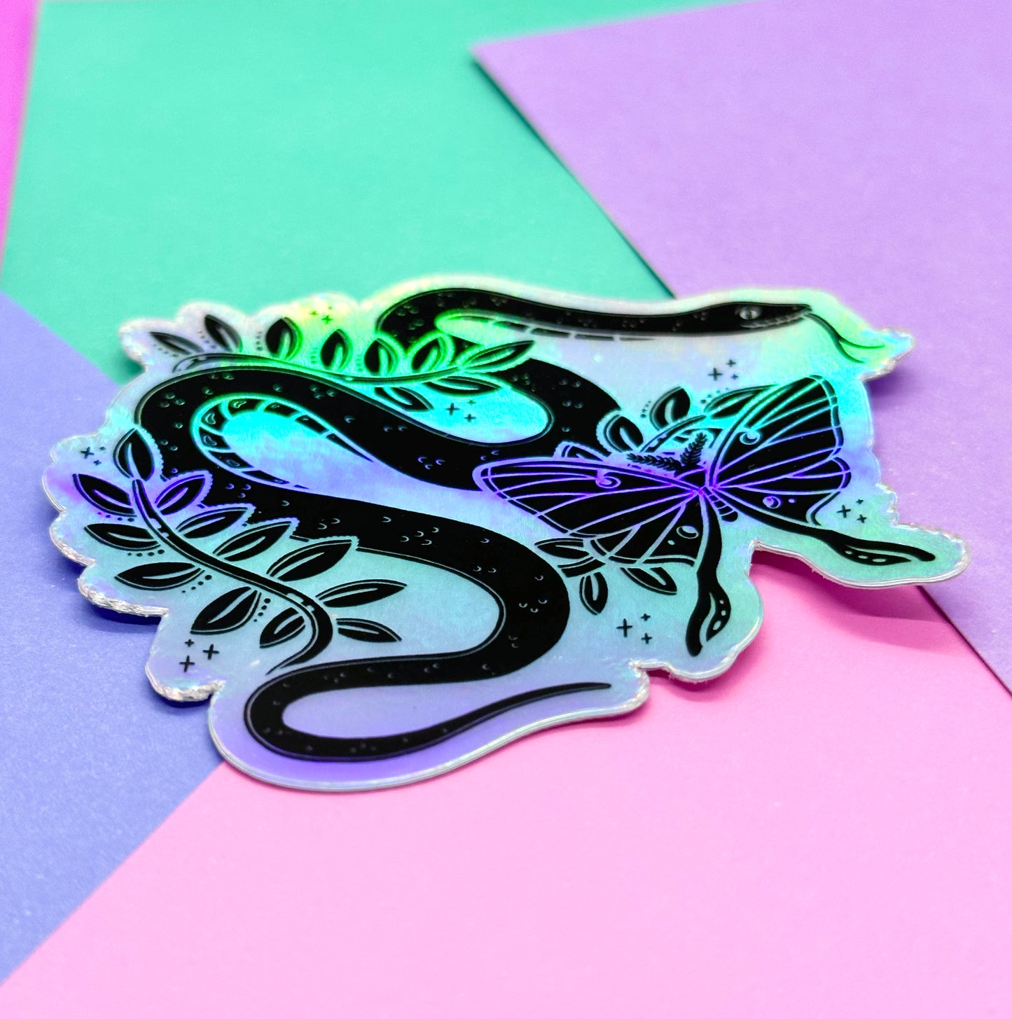 Holographic Snake and Moth Sticker