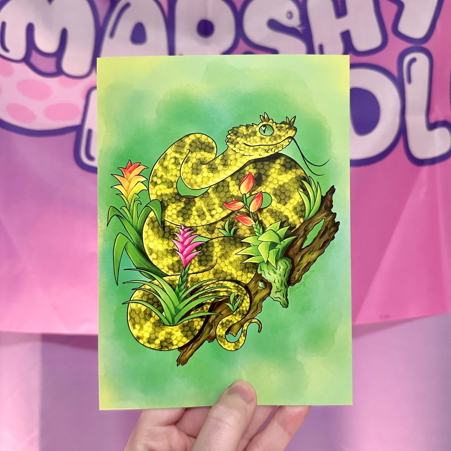 Eyelash Viper with Bromeliads Art Print