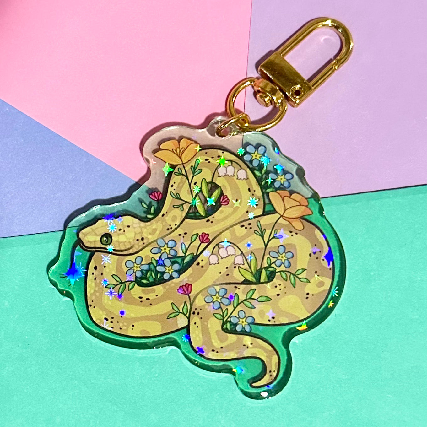 Floral Ball Python Holo Sparkle Keychain