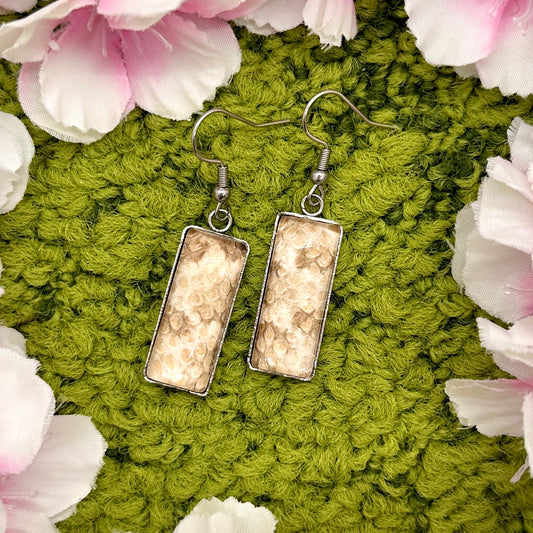 Tan Rectangle Snake Shed Earrings (Silver)